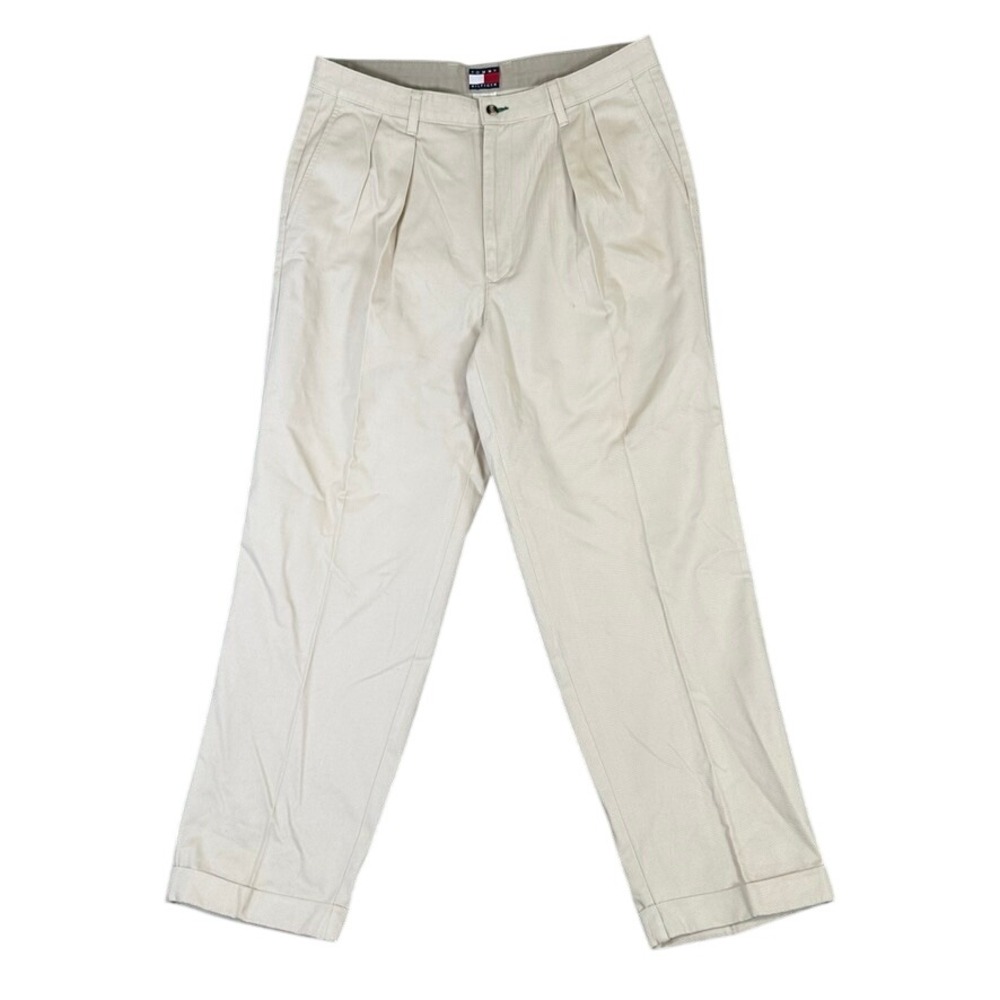 Tommy Hilfiger Mens Khaki Pleated Chino Pants Tan Cotton Twill 36x32 Crest Logo